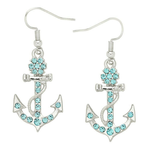 Anchor Earrings Pave Rhinestone Drop Dangle Nautical Flower Jewelry SILVER AQUA - PalmTreeSky