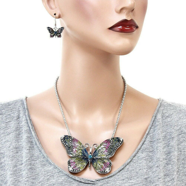 Butterfly Necklace Set 4" Large Pendant Chain Swirl SILVER Painted GREEN Jewelry - PalmTreeSky