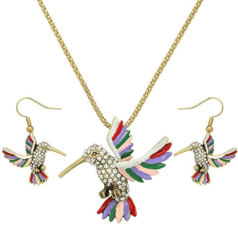 Hummingbird Necklace Earring SET Charm Pave Rhinestone Fly Bird GOLD MT2 Jewelry - PalmTreeSky