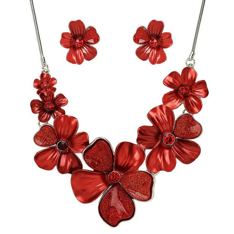 Flower Necklace Set Chunky Pendant Statement Floral Rhinestone Painted SRD Leaf - PalmTreeSky
