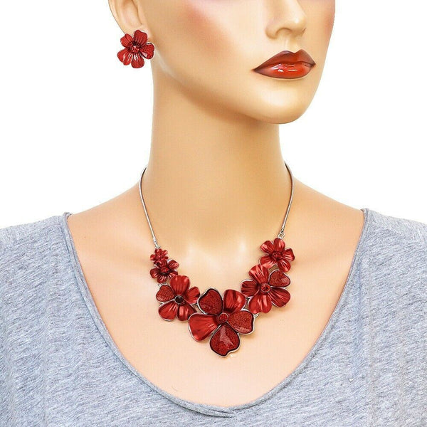 Flower Necklace Set Chunky Pendant Statement Floral Rhinestone Painted SRD Leaf - PalmTreeSky