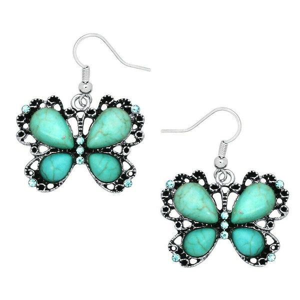 Butterfly Earrings Turquoise Stone Metal Drop Dangle Wings Fly Flower SILVER - PalmTreeSky