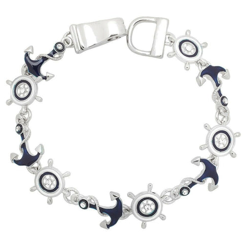 Anchor Bracelet Magnetic Closure Clasp Tiny Thin Ships Wheel SILVER Blue White - PalmTreeSky