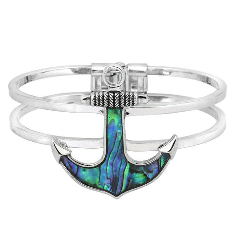Anchor Bracelet Double Bar Hinge Bangle ABALONE SHELL SILVER Boat Sail Fish Sand - PalmTreeSky