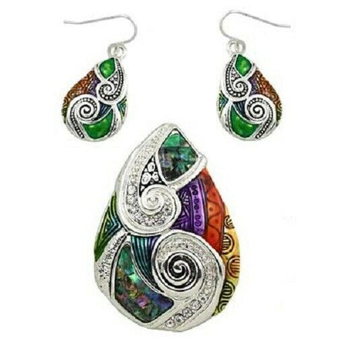 Abalone Shell Pendant Earrings SET Swirl Crystal Sea Life SILVER Beach Jewelry - PalmTreeSky