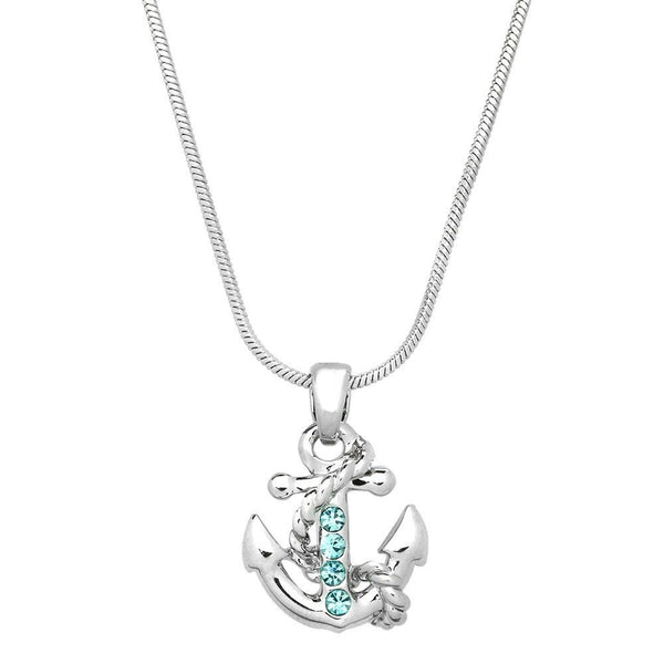 Anchor Necklace Rhinestone Rope Sea Life Nautical Simple SILVER AQUA Sailor - PalmTreeSky