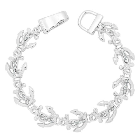 Anchor Bracelet Chain Link Magnetic Closure Clasp SILVER Clear Stones Nautical - PalmTreeSky