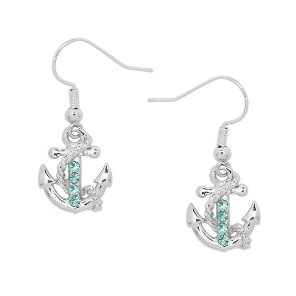 Anchor Earrings Rhinestone Nautical Sailor Beach Drop Hook Sea Life SILVER AQUA - PalmTreeSky