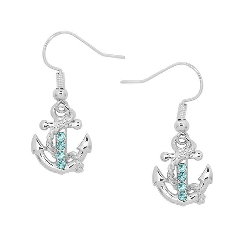 Anchor Earrings Rhinestone Nautical Sailor Beach Drop Hook Sea Life SILVER AQUA - PalmTreeSky