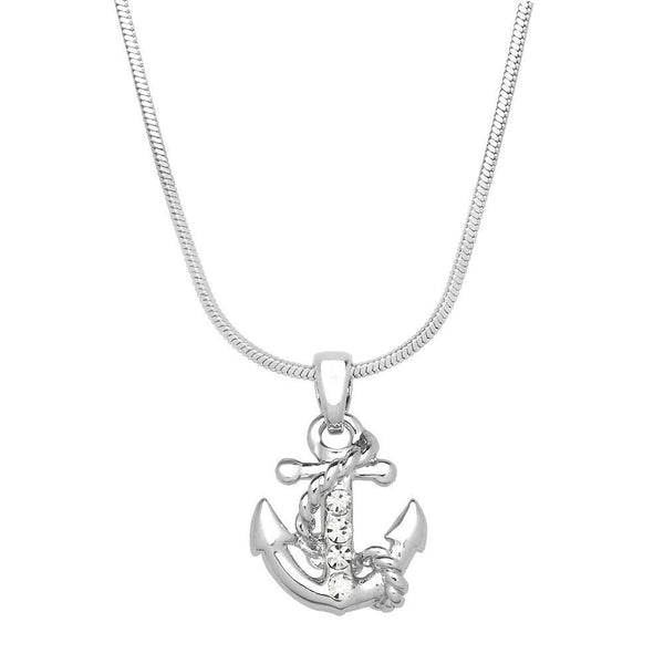 Anchor Necklace Rhinestone Rope Sea Life Nautical Simple SILVER CLEAR Sailor - PalmTreeSky