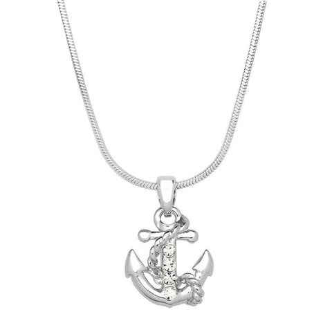 Anchor Necklace Rhinestone Rope Sea Life Nautical Simple SILVER CLEAR Sailor - PalmTreeSky