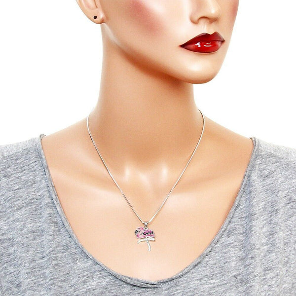 Flamingo Necklace Pave Stone Bird Tropical Snake Chain Beach Florida SILVER PINK - PalmTreeSky