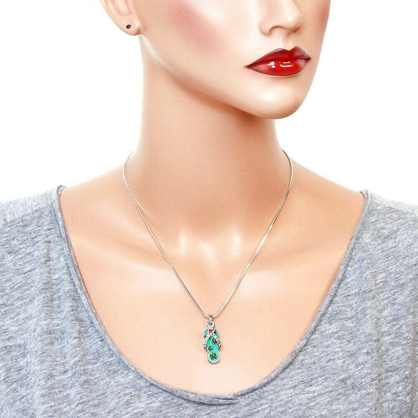 Flip Flop Necklace Painted Hibiscus Flower Pendant Beach Sea Life Sandal AQUA - PalmTreeSky