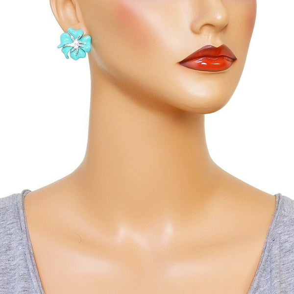 Flower Earrings Stud Post Leverback Rhinestone Beach Floral Surf SILVER AQUA - PalmTreeSky