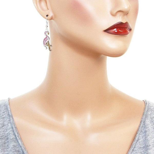 Flamingo Earrings Pearl Swirl Bird Tropical Drop Dangle Beach Florida SILVER - PalmTreeSky