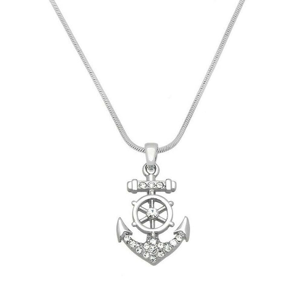 Anchor Necklace Small Pave Rhinestone Helm Sail Boat Nautical Jewelry SILVER - PalmTreeSky
