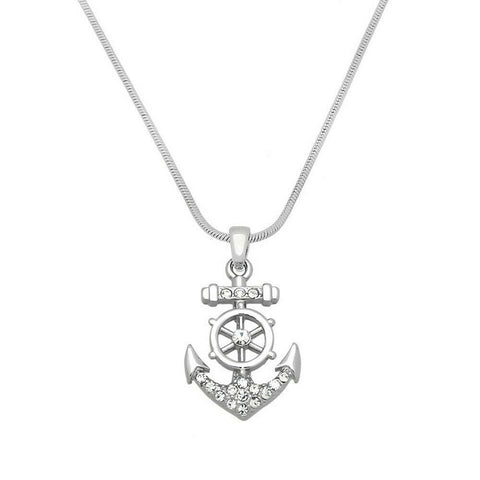 Anchor Necklace Small Pave Rhinestone Helm Sail Boat Nautical Jewelry SILVER - PalmTreeSky