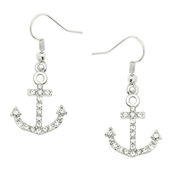 Anchor Earrings Small Pave Rhinestone Wave Ocean Sea Life Beach Jewelry SILVER - PalmTreeSky