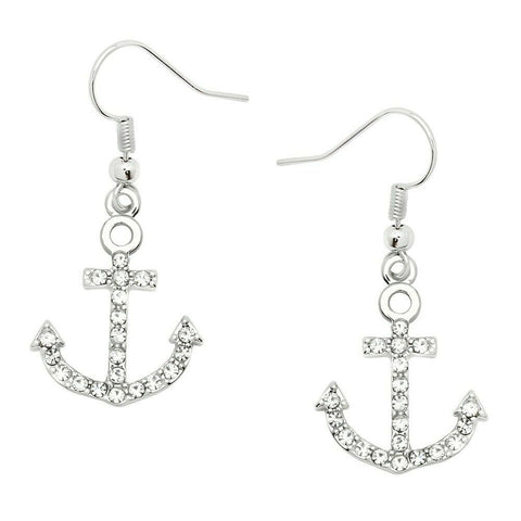 Anchor Earrings Small Pave Rhinestone Wave Ocean Sea Life Beach Jewelry SILVER - PalmTreeSky