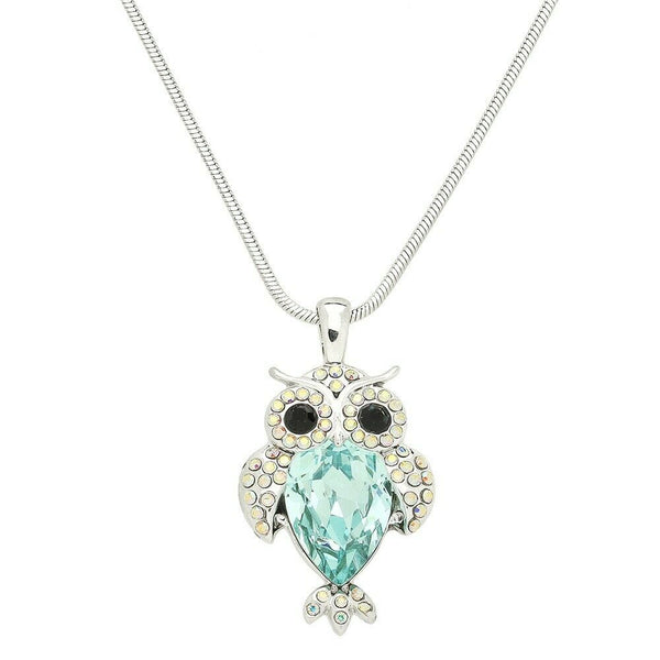 Owl Necklace Crystal Stone Wisdom Feather Tree Night Pendant Metal SILVER AQUA - PalmTreeSky