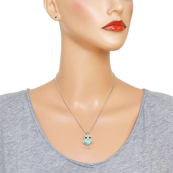 Owl Necklace Crystal Stone Wisdom Feather Tree Night Pendant Metal SILVER AQUA - PalmTreeSky
