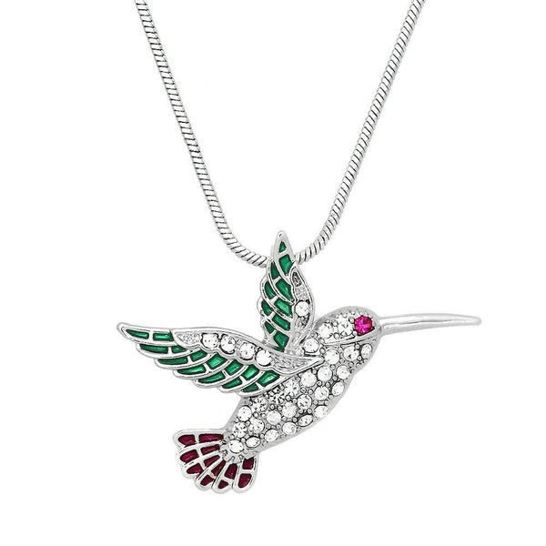 Hummingbird Necklace Charm Pave Rhinestone Fly Clear Pink 32mm SILVER Jewelry - PalmTreeSky