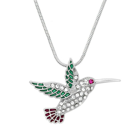 Hummingbird Necklace Charm Pave Rhinestone Fly Clear Pink 32mm SILVER Jewelry - PalmTreeSky