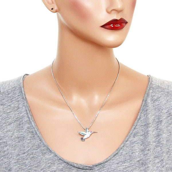Hummingbird Necklace Charm Pave Rhinestone Fly Clear Pink 32mm SILVER Jewelry - PalmTreeSky