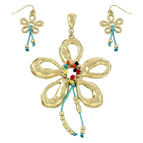 Flower Pendant Earrings Set GOLD Thread Tassel Fringe Daisy Rose Floral Plant - PalmTreeSky