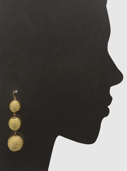 Thread Ball Earrings Long 3" Droplet 3 Tier Spring Summer 2Tone Yellow White - PalmTreeSky