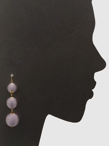 Thread Ball Earrings Long 3" Droplet 3 Tier Spring Summer 2Tone Pink Blue Fabric - PalmTreeSky