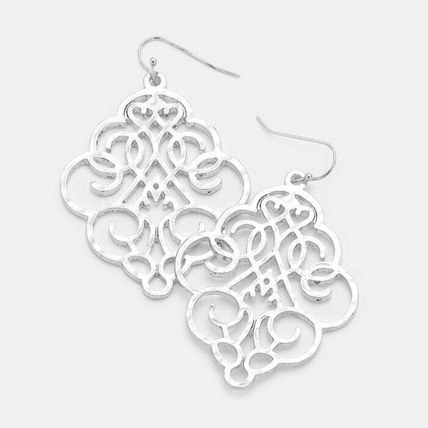Filigree Earrings Metal Curlique Floral Bohemian Lightweight 2.25" Drop SILVER - PalmTreeSky