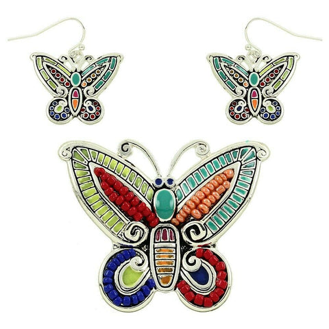 Butterfly Necklace Pendant Earrings SET Multi Color Seed Beaded SILVER Jewelry - PalmTreeSky