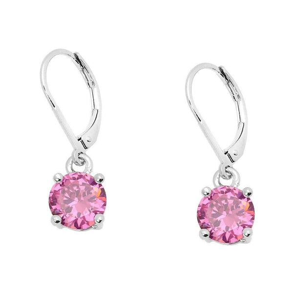 CZ Earrings 8mm Small Dainty Drop Leverback Cubic Zirconia SILVER PINK Jewelry - PalmTreeSky