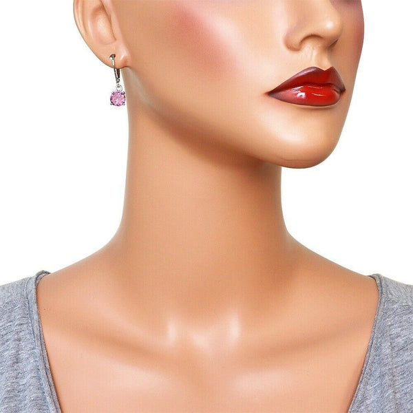 CZ Earrings 8mm Small Dainty Drop Leverback Cubic Zirconia SILVER PINK Jewelry - PalmTreeSky