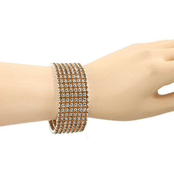 Rhinestone Bracelet Stretch Bangle 7 Row Crystal Pave Evening Event Dress TOPAZ - PalmTreeSky