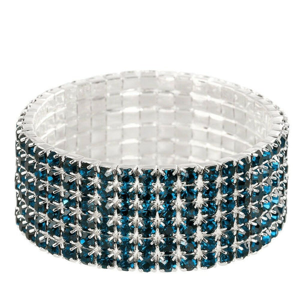 Rhinestone Bracelet Stretch Bangle 6 Row Crystal Pave Evening Event Dress BLUE - PalmTreeSky