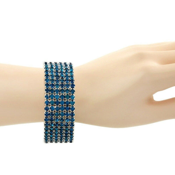 Rhinestone Bracelet Stretch Bangle 6 Row Crystal Pave Evening Event Dress BLUE - PalmTreeSky