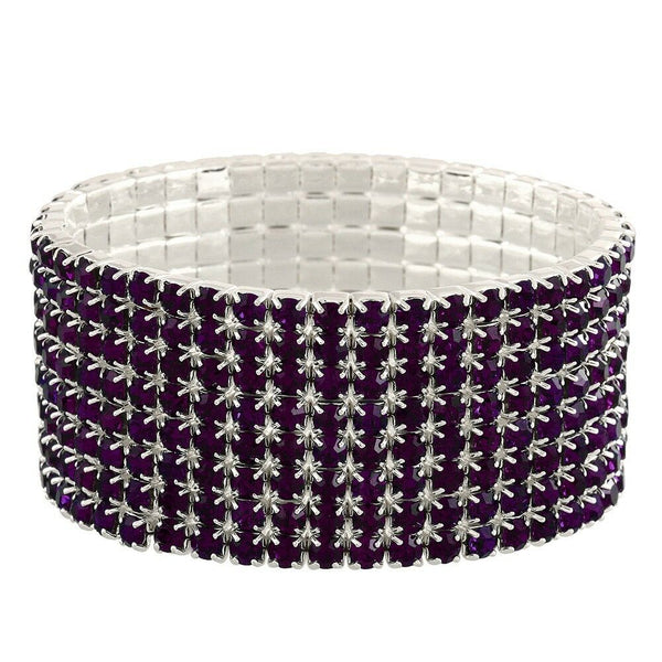 Rhinestone Bracelet Stretch Bangle 8 Row Crystal Pave Evening Event Dress PURPLE - PalmTreeSky