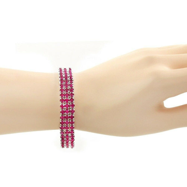 Rhinestone Bracelet Stretch Bangle 3 Row Crystal Pave Evening Event Dress FUCHSI - PalmTreeSky