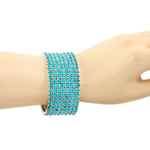 Rhinestone Bracelet Stretch Bangle 8 Row Crystal Pave Evening Event Dress AQUA - PalmTreeSky