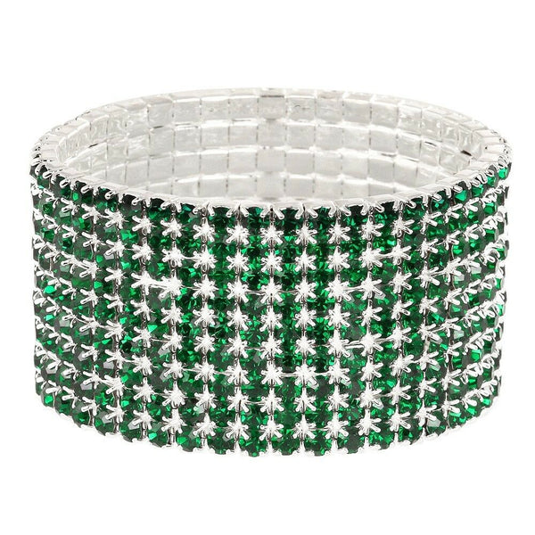 Rhinestone Bracelet Stretch Bangle 9 Row Crystal Pave Evening Event Dress DK GRN - PalmTreeSky