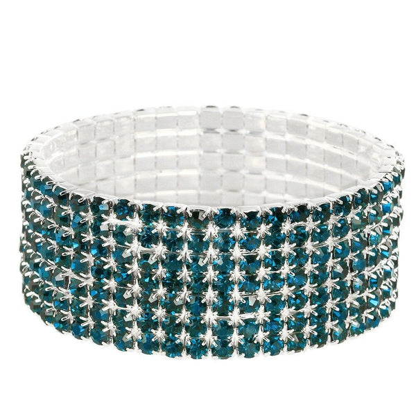 Rhinestone Bracelet Stretch Bangle 7 Row Crystal Pave Evening Event Dress BLUE - PalmTreeSky