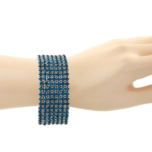 Rhinestone Bracelet Stretch Bangle 7 Row Crystal Pave Evening Event Dress BLUE - PalmTreeSky