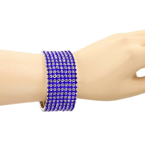Rhinestone Bracelet Stretch Bangle 8 Row Crystal Pave Evening Event Dress B BLUE - PalmTreeSky