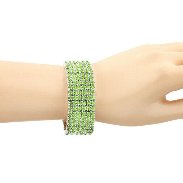 Rhinestone Bracelet Stretch Bangle 6 Row Crystal Pave Evening Event Dress LT GRN - PalmTreeSky
