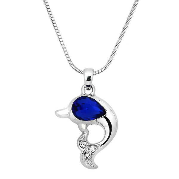 Dolphin Necklace Plain Metal Crystal Stone Rhinestones Silver Blue Sea Life Sand - PalmTreeSky