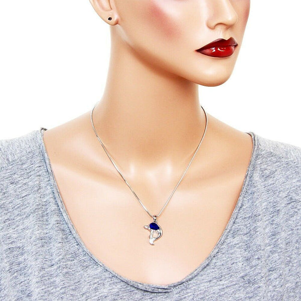 Dolphin Necklace Plain Metal Crystal Stone Rhinestones Silver Blue Sea Life Sand - PalmTreeSky