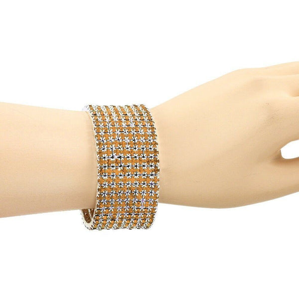 Rhinestone Bracelet Stretch Bangle 8 Row Crystal Pave Evening Event Dress TOPAZ - PalmTreeSky