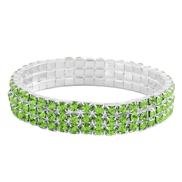 Rhinestone Bracelet Stretch Bangle 3 Row Crystal Pave Evening Event Dress LT GRN - PalmTreeSky